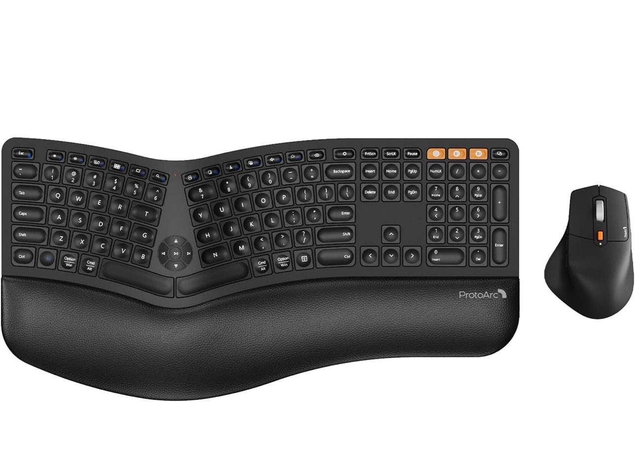 ProtoArc Ergonomic Wireless Keyboard Mouse, EKM01 Plus Full Size Ergo Bluetooth Keyboard Mouse Combo