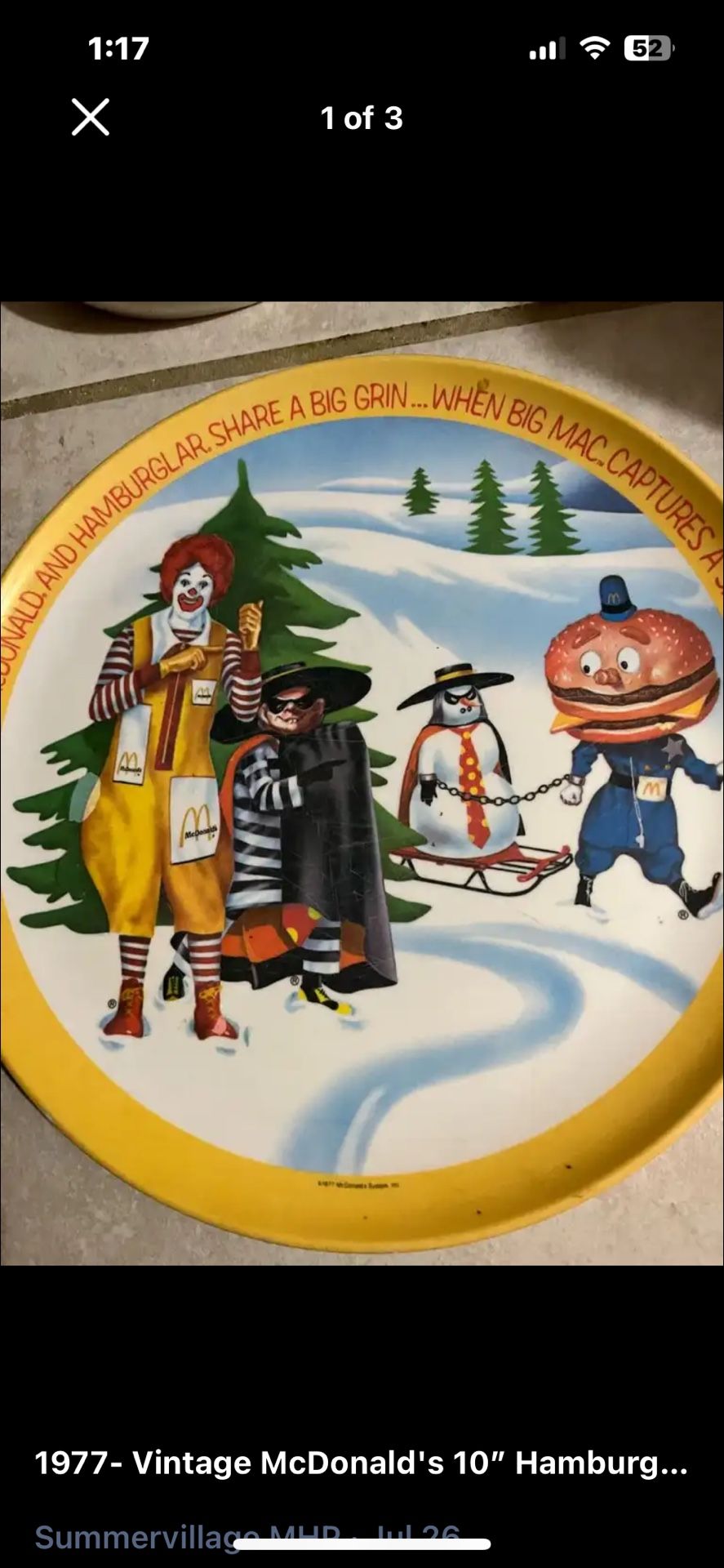 ($10firm)1977 Mcdonald’sHambuglar Plate