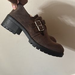 Brown and black suede mules with chunky heel