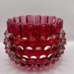 Fenton Vintage Ruby Red Hobnail Round Glass Crimped Edge Bowl Vase
