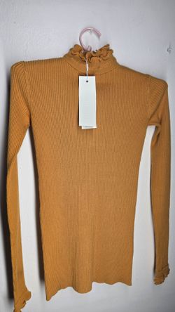 NWT Women's Ribbed Ruffle Mock Neck Top Dijon XS