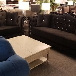 Brand New Black Velvet Modern Sofa + Loveseat 2PCs Set