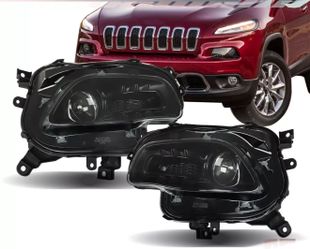 Pair 2014-2018 Jeep Cherokee Halogen Projector Black Headlights Right Left Side Headlamps 
