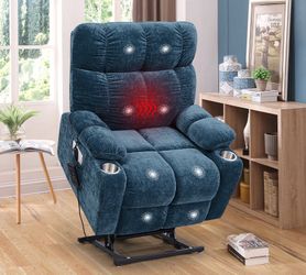 Motor Power Lift Recliner Chair For Elderly Infinite Position With Heat Massage Blue Foam Fabric