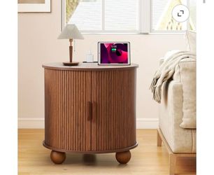 1 new Walnut 23.62 in. " Round MDF Nightstand with Double Layer Storage Space and Power Strip