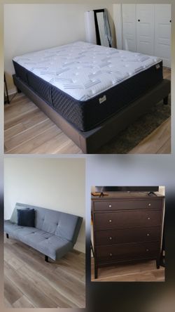 Queen matress with it's base + dresser + sofa bed