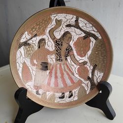 Vintage Indian Brass Bowl Hand Painted w/ Trees, woman and man  5 in. wide