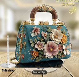 2D Flat, 2D Flat Rotating Acrylic Figurine- Teal Handbag with Floral Design and Golden Accents, 360 ° Rotating Base, No Electricity Required, Suitable