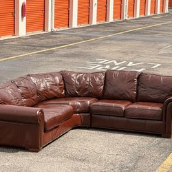Brown Leather Sectional Sofa Rolled Arms Nailhead Trim