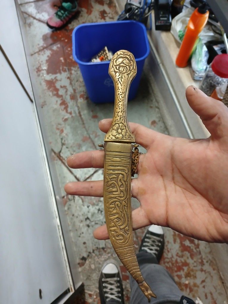 Vintage Antique Turkish / Arabic Brass Dagger Carved Sheath Letter Opener