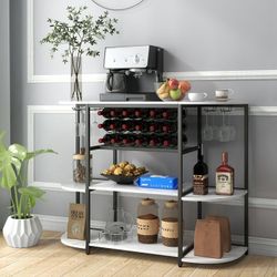 New Wine Rack Table with Plug and LED Light, Floor Bar Cabinet for Liquor and Glasses, Wooden Coffee Bar Cabinet with Adjustable Wine Rack, Freestandi