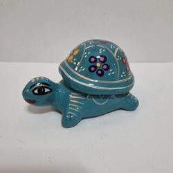 Mexican Hand Painted terracotta Torquoise Turtle trinket box,