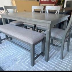 ✅️✅️6 pc bridget ii grey finish wood dining table set padded seat chairs and bench✅️