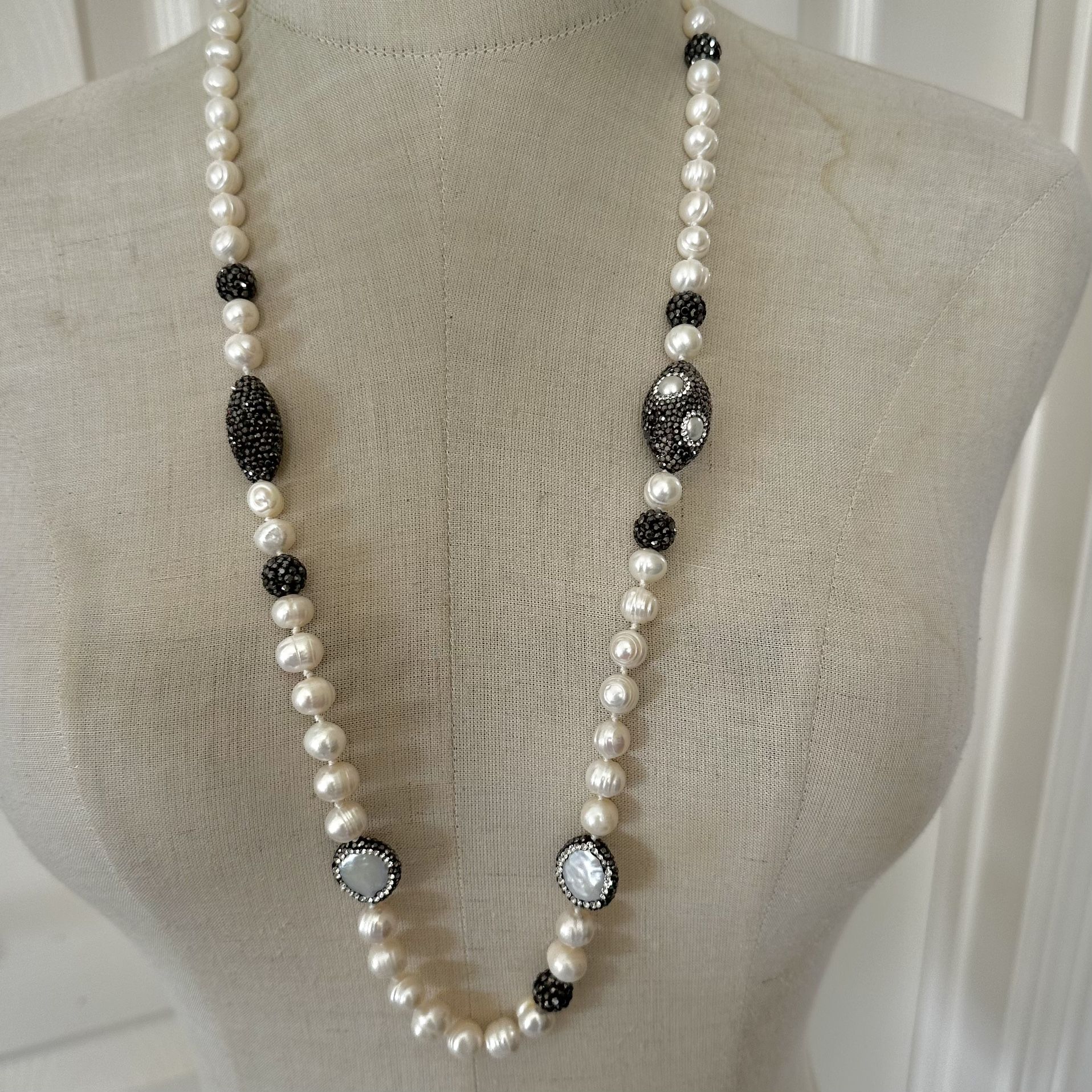 Freshwater Pearl & Pavé Crystal Long Necklace ✨ Sterling Clasp • Hand-Knotted