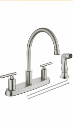 2-Handle Kitchen Faucet with Sprayer 4 Hole, Brushed Nickel Lead-Free Modern 8-Inch Centerset Kitchen Sink Faucet, High-Arc 360° Swivel Spout, 1.8 GPM