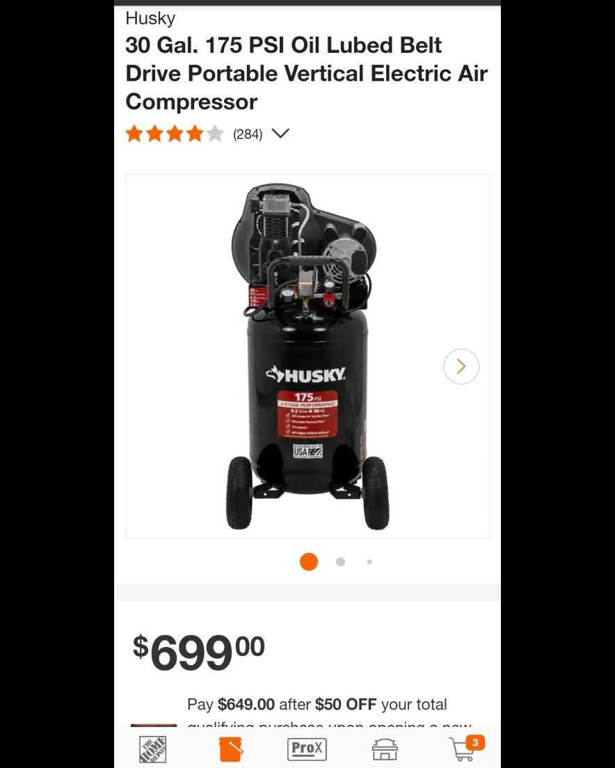 Husky30 Gal. 175 PSI Oil Lubed BeltDrive Portable Vertical Electric AirCompressor