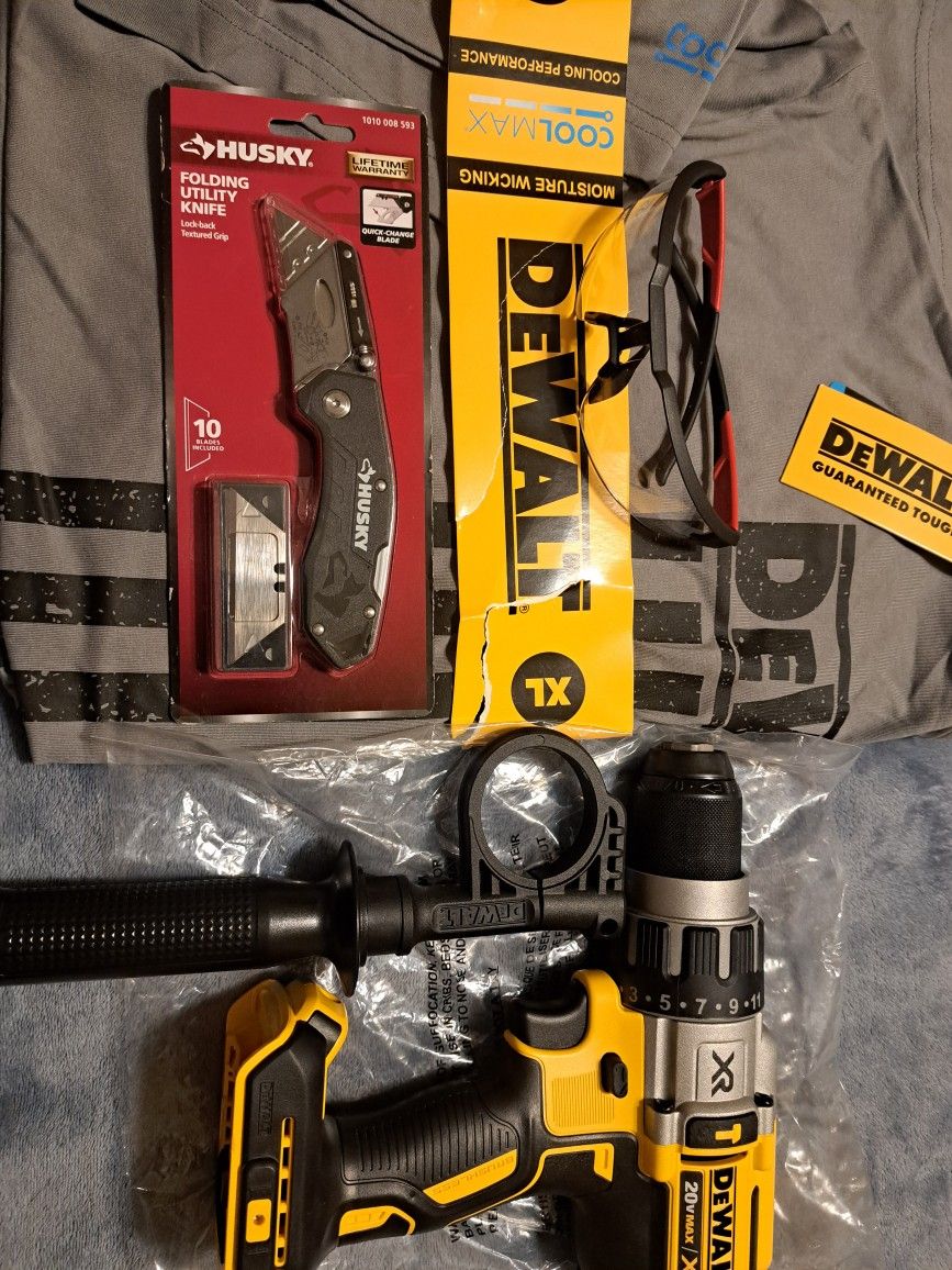 ***DEWAL XR 20V HAMMER DRILL 3 SPEED. HUSKY KNIFE MILWAUKEE SAFETY GLASSES, SHIRT DEWALT XL $130.