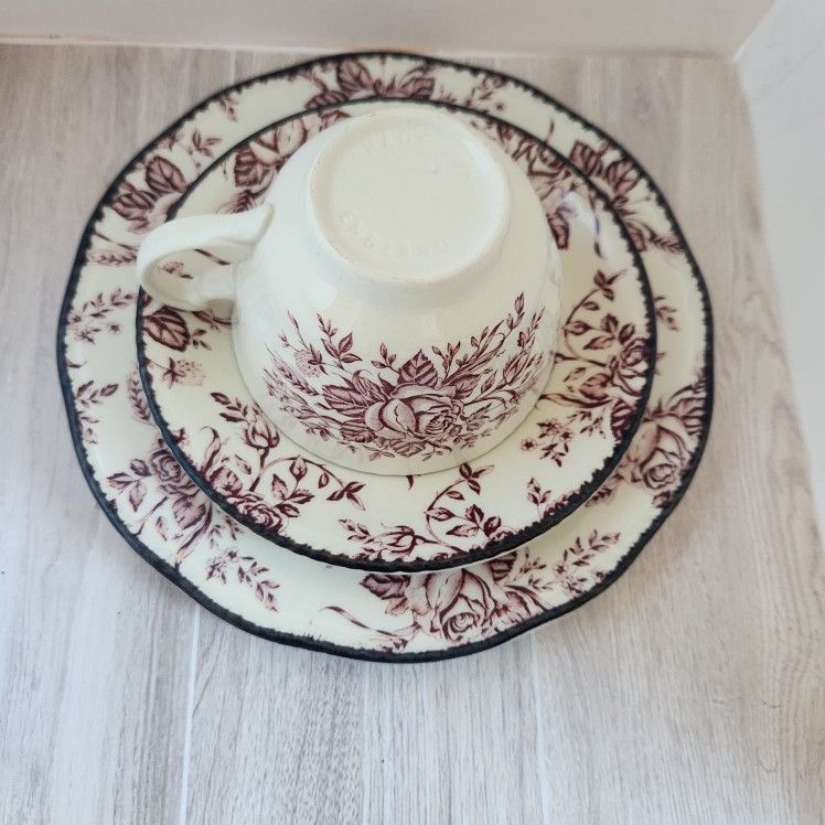 Wood and Sons Colonial Rose Tea Cup & 2 Plates England Pink Flowers