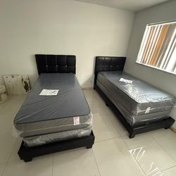 TWO NEW BED FRAME TWIN SIZE WITH MATTRESS AND BOX SPRING