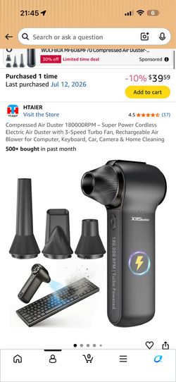 new Compressed Air Duster 180000RPM – Super Power Cordless Electric Air Duster with 3-Speed Turbo Fan, Rechargeable Air Blower for Computer, Keyboard,
