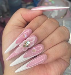 3XL stiletto pink press on nails acrylic flower white French