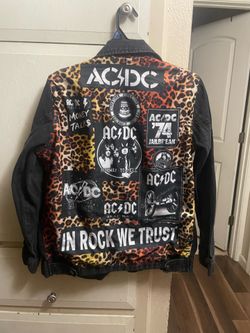 AC/DC Black Denim Jacket with Leopard Print Back Panel and Album Graphics