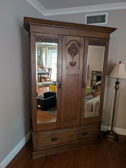 Antique Oak Armoire with Mirrored Doors