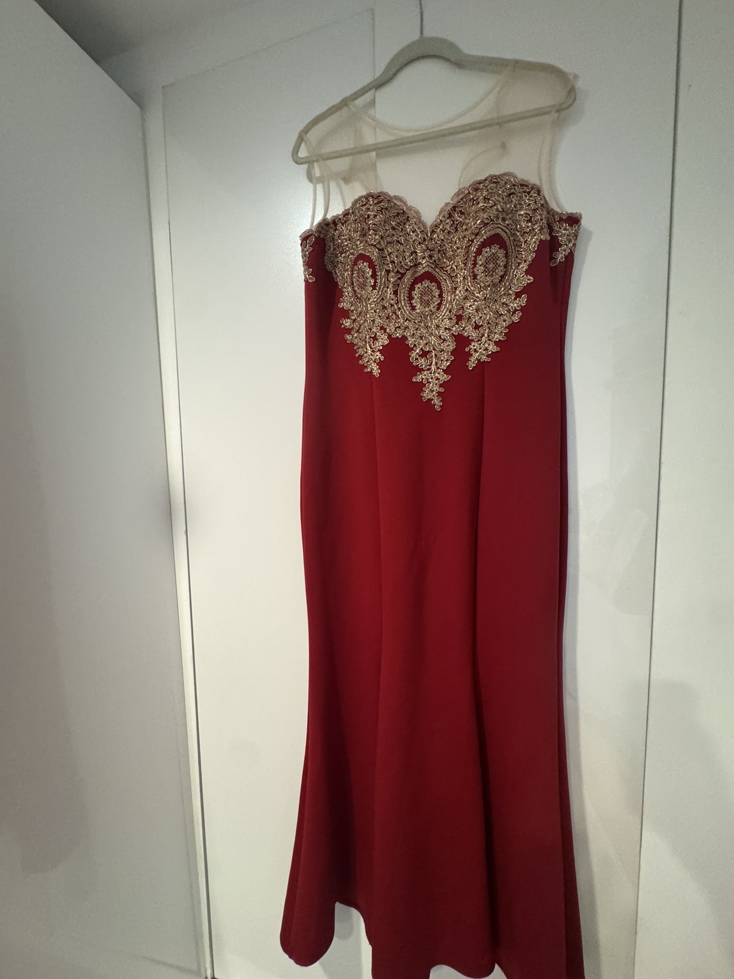 Red Long Dress π With Gold Lace