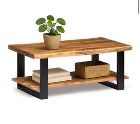 Alphine 42 in. Natural/Black Rectangle Wood Top Coffee Table with Live
