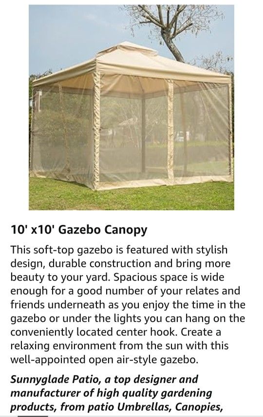 New Still In Box. Sunnyglade 10' x10' Gazebo Canopy Soft Top Outdoor Patio Gazebo Tent Garden Canopy for Your Yard, Patio, Garden, Outdoor or Party