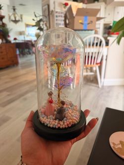 Glass Dome Rose with Couple Figurines