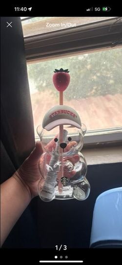 Starbucks Bear Glass Cup with Strawberry Straw