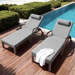 Dark Brown Rattan Portable Outdoor Reclining Lounge Chair with Side Table Gray Cushions (2-Pack)