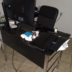 Office Table And Chair - Wide L Shape Glass And Wood Table 