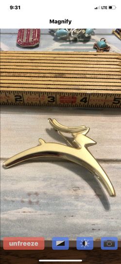 Signed Gold Tone Reindeer Brooch