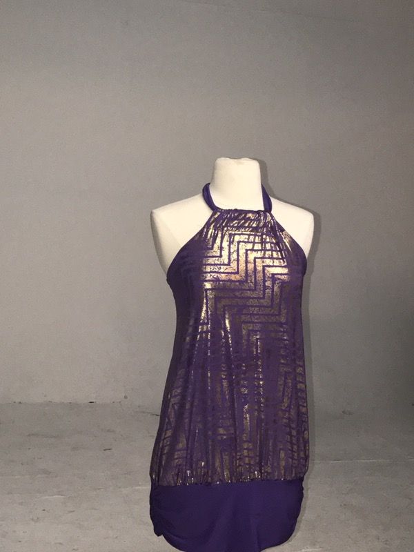 gray and purple halter-top shirt