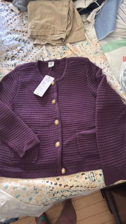 Cabo new with tag sweater jacket, size, large, L. deep, plum, medium weight $199.