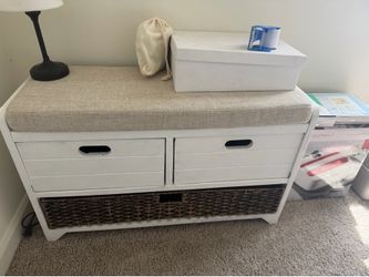 White Storage Bench with Cushion and Baskets