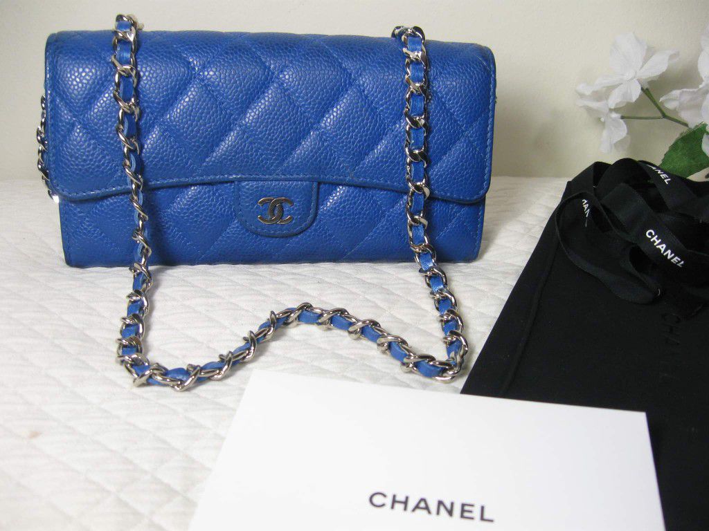 Authentic Chanel Blue Caviar Leather CC Flap Bag Wallet