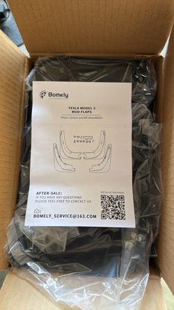 This box contains a set of Bomely Tesla Model 3 Mud Flaps (Splash Guards) for 2017–2023 models.
