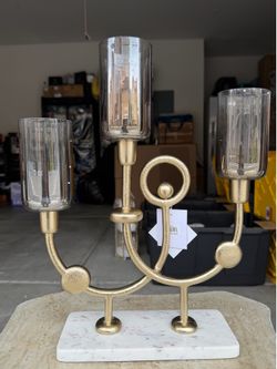 BRAND NEW 13.5x4x16.5" Glass and Aluminum Candleholder w/ Marble Base