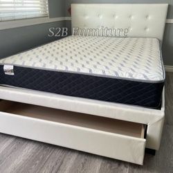 Full Size White Bed W Drawer N Mattress 
