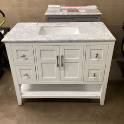 Home Decorators Collection Sturgess Open Shelf 43 in. W x 22. D x 35. H Vanity in White with White Marble Vanity Top (ULN)