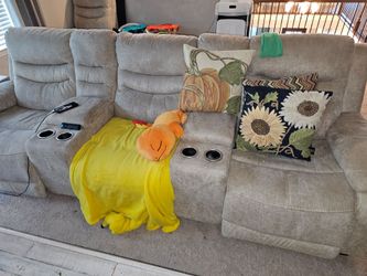 Gray Fabric Reclining Sofa with Cup Holders
