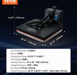 Heat Press Machine - Vevor 16x20 Inch 1700W Digital - New
