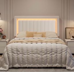 Queen size bed frame White Upholstered with LED
