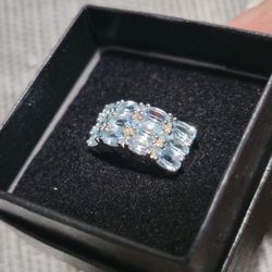 Natural Blue Topaz & Rhodium Plated Sterling Silver Cocktail Ring