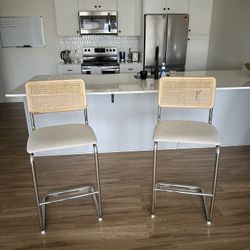 Set of 2 Modern Wooden Bar Stools with Beige Cushioned Seats