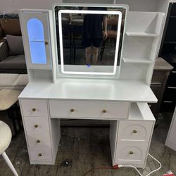Large White Vanity Desk with Mirror, Lights and Charging Station,Vanity Desk