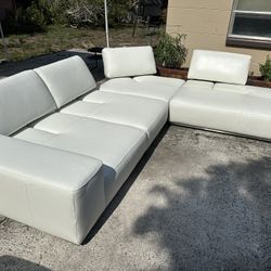 Italian White Leather Chaise Sectional Sofa